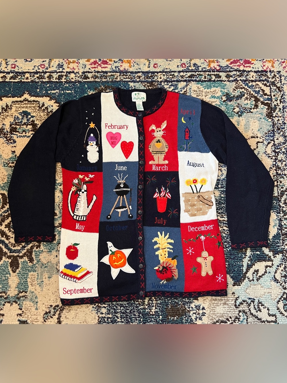 Vintage Quacker Factory Women's Holiday Themed Patchwork Cardigan Sweater